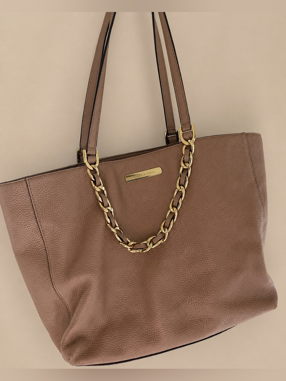 Michael Kors Jet Set Large Taupe Pebbled Leather Chain Tote Bag